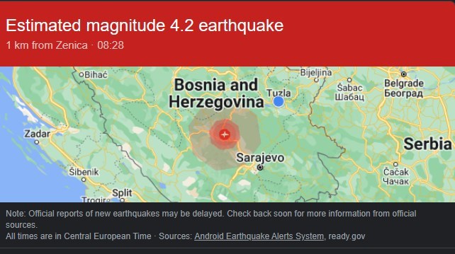 Zemljotres jačine 3.2 stepena po Richteru zabilježen u BiH Zemljotres jačine 3.2 stepena po Richteru zabilježen u BiH